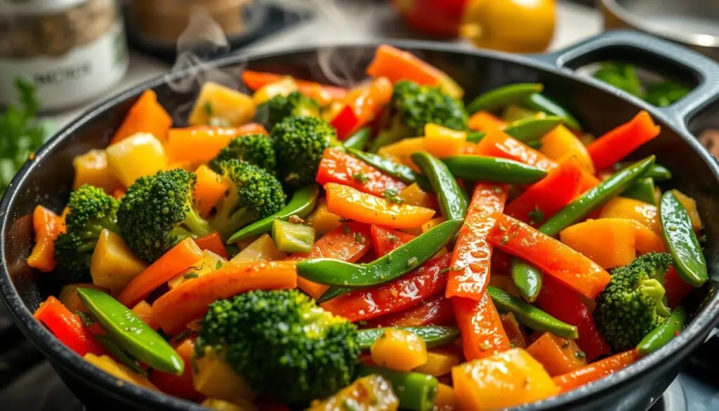 A vibrant and colorful assortment of stir fry vegetables, including bell peppers, broccoli, snap peas, and carrots, sizzling in a cast iron skillet, glistening with homemade sauce, steam rising, surrounded by fresh herbs and spices, with a blurred kitchen background.