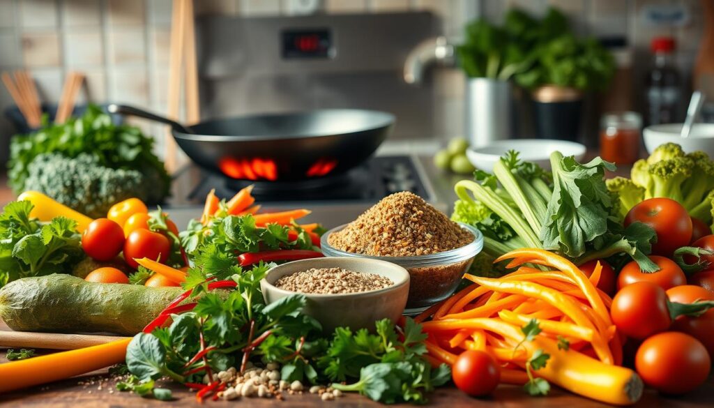 A vibrant kitchen scene showcasing an array of colorful fresh vegetables, aromatic herbs, and spices artistically arranged around a large bowl of homemade stir fry seasoning. In the background, a sizzling wok on the stove emits steam, while various Asian cuisine elements like chopsticks, rice bowls, and condiments subtly enhance the atmosphere. The focus is on the bright colors and textures of the ingredients, inviting viewers to explore the essence of diverse Asian stir fry recipes.