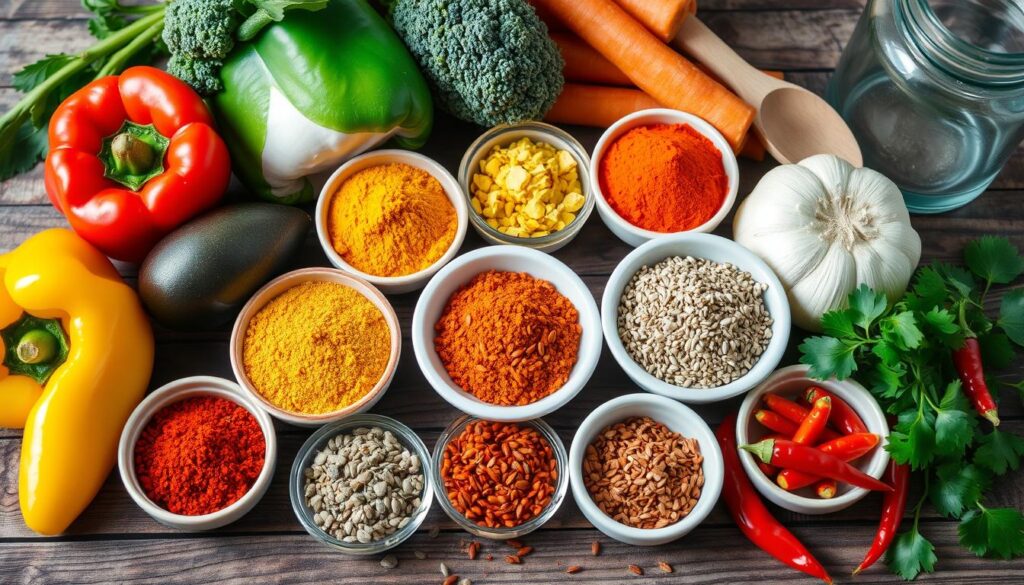 A vibrant assortment of colorful spices in small bowls, including garlic powder, ginger, sesame seeds, and crushed red pepper flakes, surrounded by fresh vegetables like bell peppers, broccoli, and carrots, all on a rustic wooden kitchen table with a wooden spoon and a glass jar for storage.