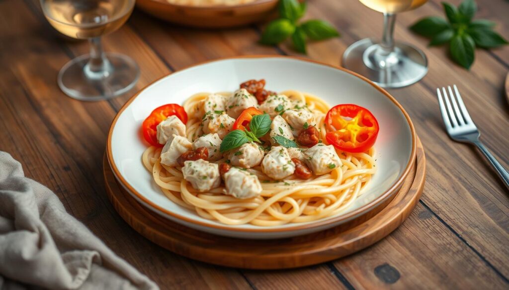 A vibrant plate of creamy pasta showcasing tender chicken and spicy chorizo, garnished with fresh herbs and colorful bell pepper slices, surrounded by a rustic wooden table setting with a glass of white wine and a sprig of basil.