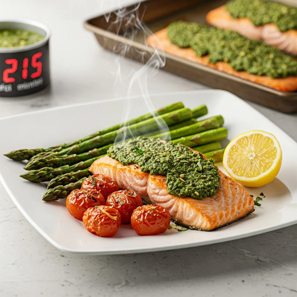 Pesto salmon with roasted vegetables from Mandy in the Making recipes ready in 25 minutes