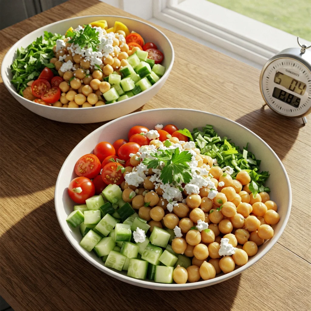 No-cook Mediterranean chickpea bowls from Mandy in the Making recipes ready in 5 minutes