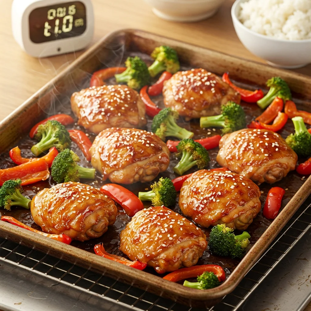 Sheet pan teriyaki chicken and vegetables from Mandy in the Making recipes ready in 20 minutes