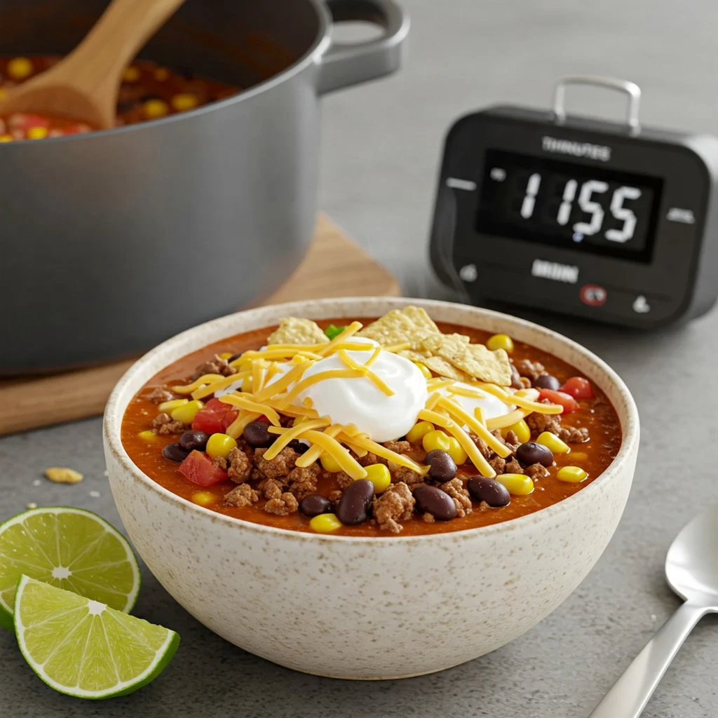 15-minute taco soup from Mandy in the Making recipes topped with cheese and tortilla chips
