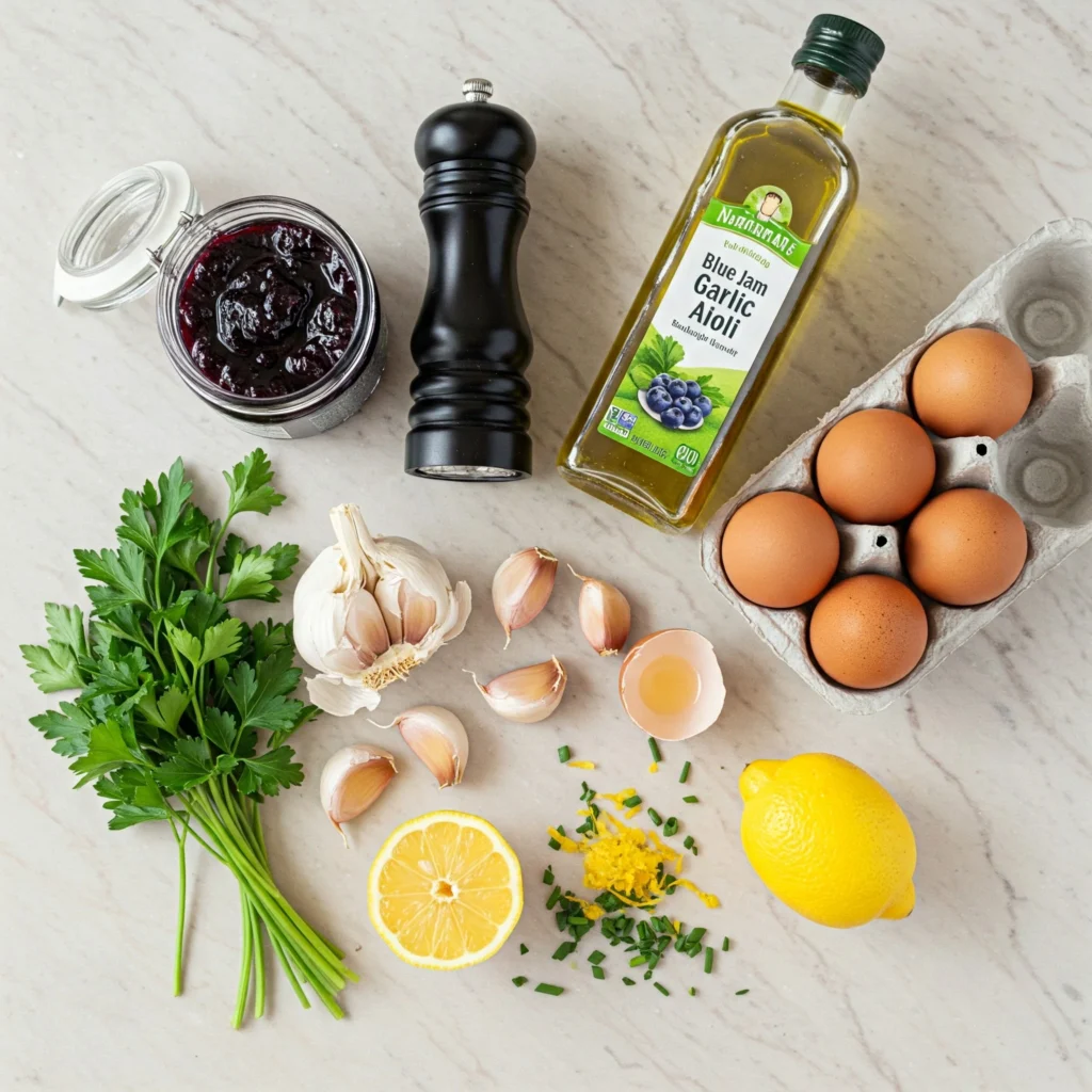 Fresh ingredients for blue jam garlic aioli recipe including blueberry jam and garlic