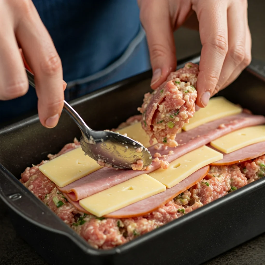 Hands layering ham and cheese between ground chicken mixture while assembling chicken cordon bleu meatloaf in loaf pan