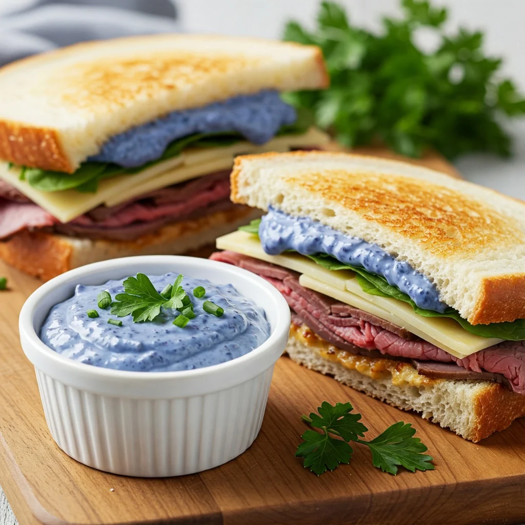 Gourmet sandwich with blue jam garlic aioli recipe spread showing versatile usage