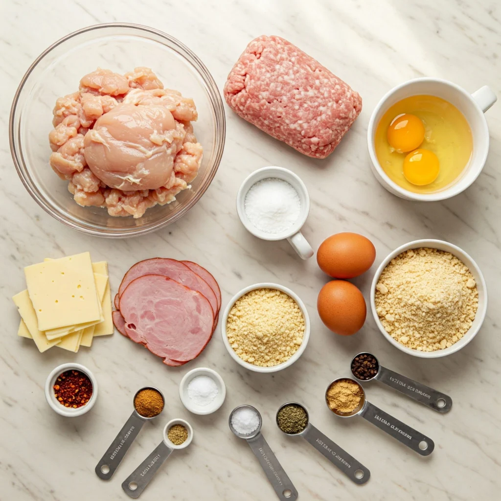 Ingredients for chicken cordon bleu meatloaf recipe including ground chicken, ham, Swiss cheese, and seasonings arranged on countertop