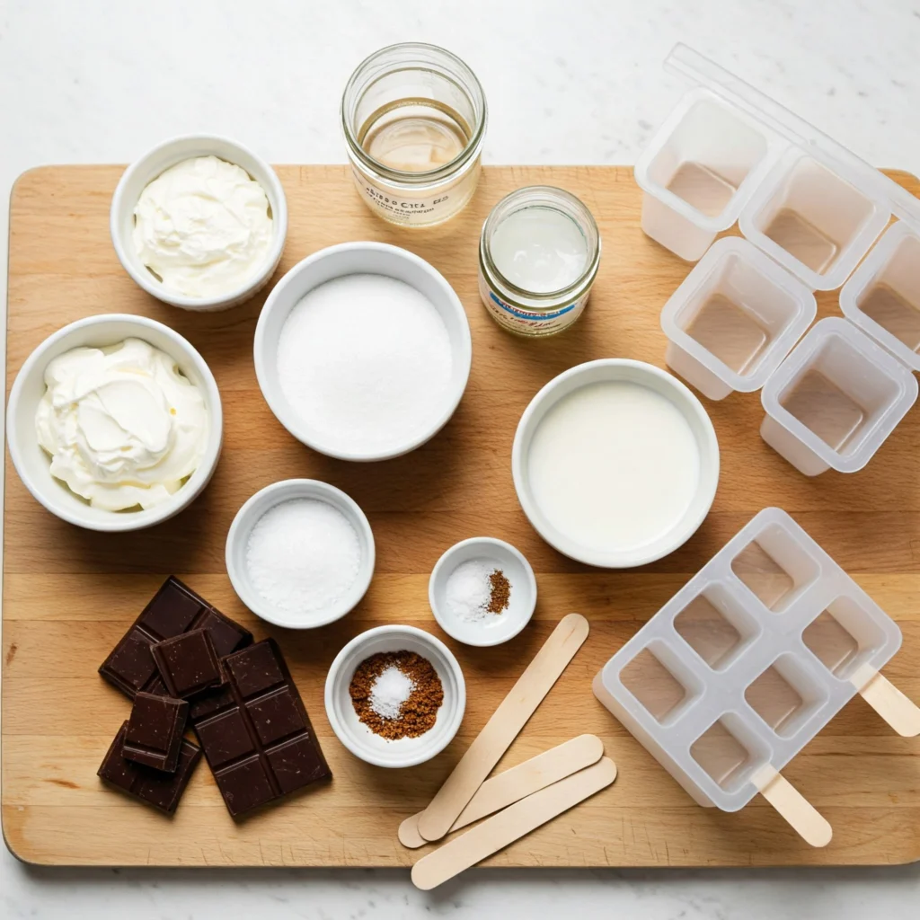 Ingredients for homemade Eskimo pie popsicle recipe including cream, milk, sugar, vanilla, chocolate, and coconut oil with popsicle molds