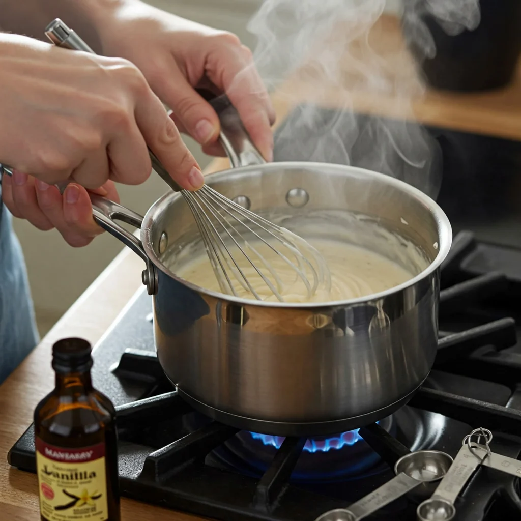 Preparing vanilla ice cream base for homemade Eskimo pie popsicle recipe by whisking ingredients in a saucepan
