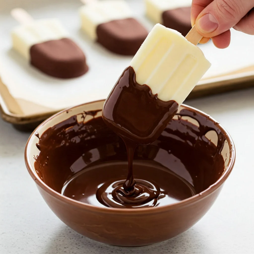 Dipping frozen vanilla popsicle into melted chocolate for homemade Eskimo pie popsicle recipe showing chocolate coating technique
