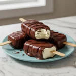 Homemade Eskimo pie popsicles with crisp chocolate coating and creamy vanilla ice cream centers on a blue plate