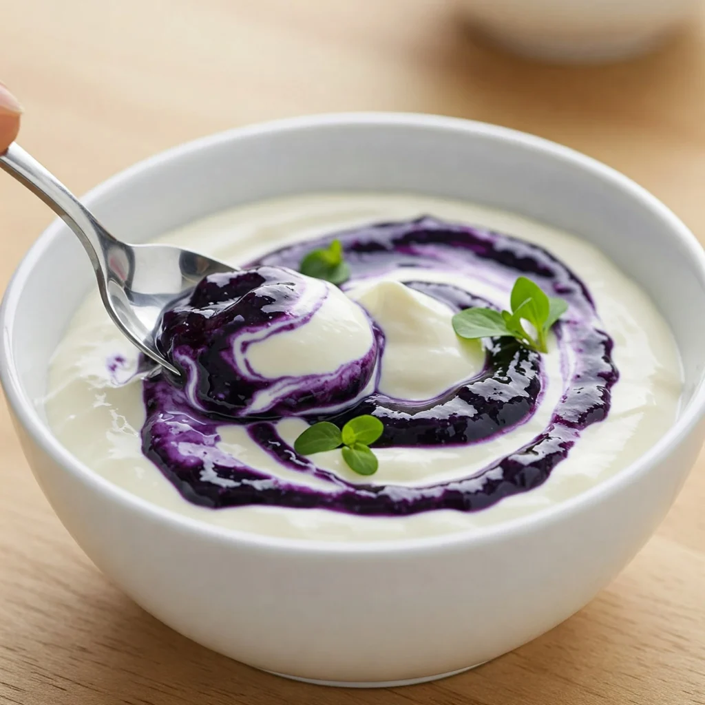 Homemade blue jam garlic aioli recipe with purple swirls in white ceramic bowl