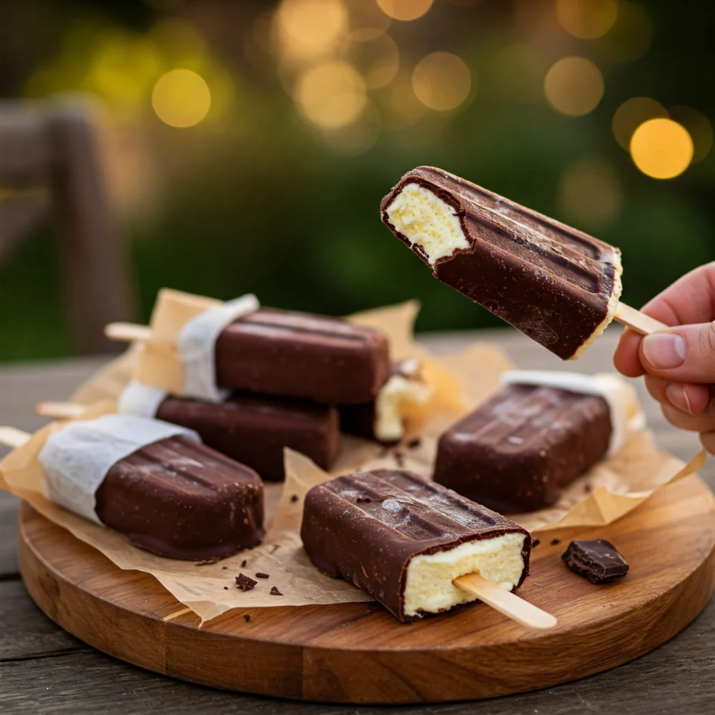 Finished homemade Eskimo pie popsicles ready to enjoy on a summer evening, showing perfect chocolate shell and creamy vanilla interior