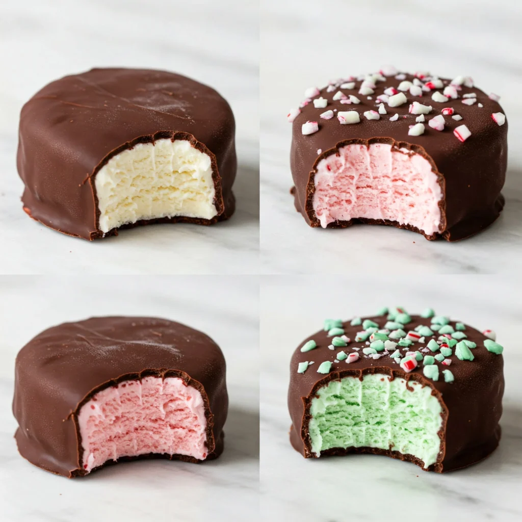 Three variations of homemade Eskimo pie popsicle recipes: classic vanilla, strawberry, and mint chocolate with different coatings