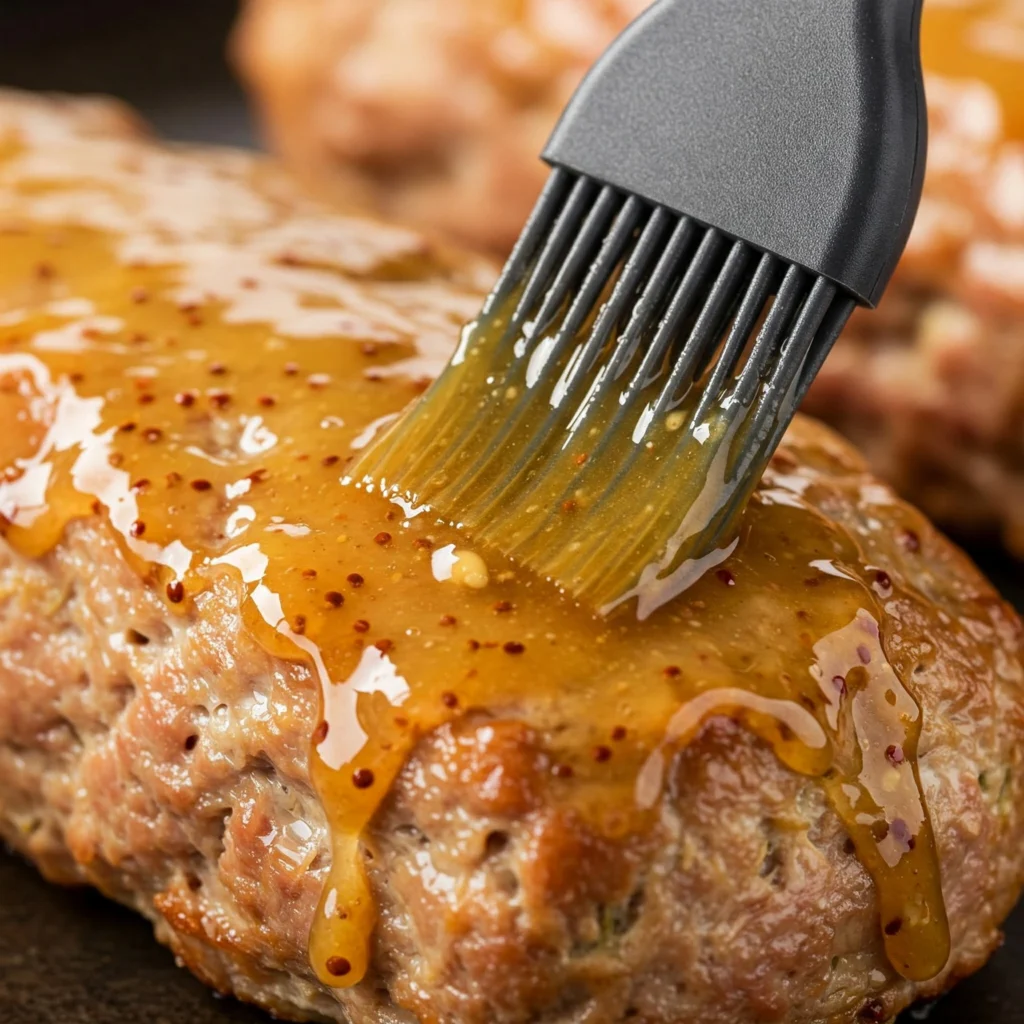 Applying honey-mustard glaze to chicken cordon bleu meatloaf before baking for perfect caramelization