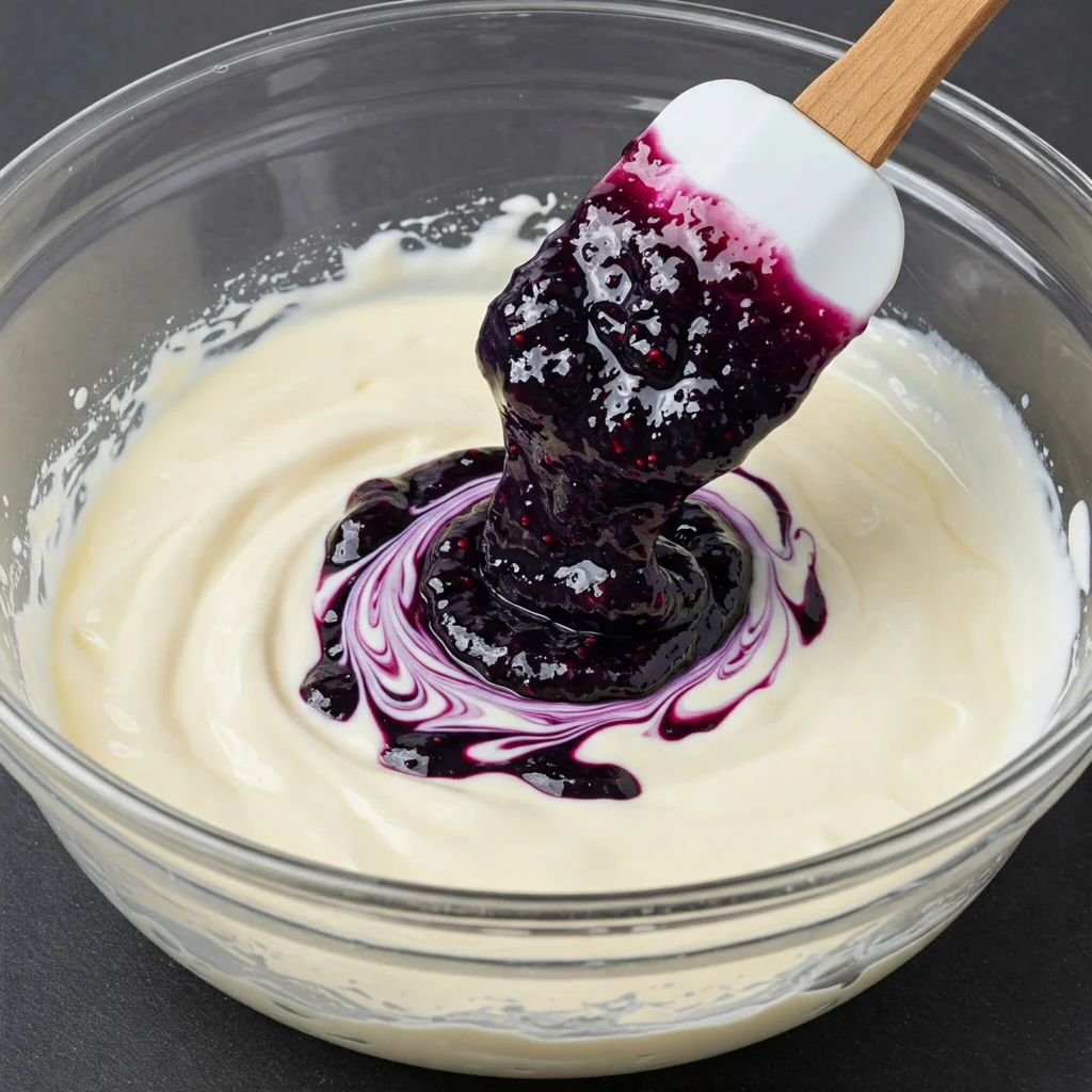 Folding blue jam into aioli to create marbled effect for blue jam garlic aioli recipe