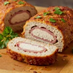Sliced chicken cordon bleu meatloaf showing melted Swiss cheese and ham layers with fresh parsley garnish