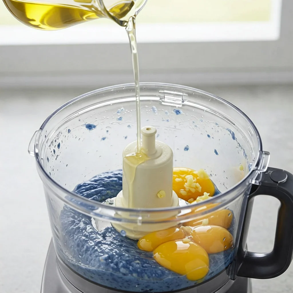 Creating emulsion for blue jam garlic aioli recipe by slowly adding oil
